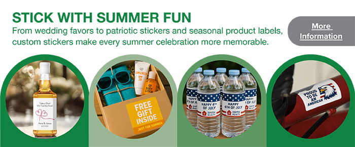 Custom stickers and labels for summer celebrations, including custom water bottle labels, bumper stickers, and vinyl product labels—perfect for wholesale.