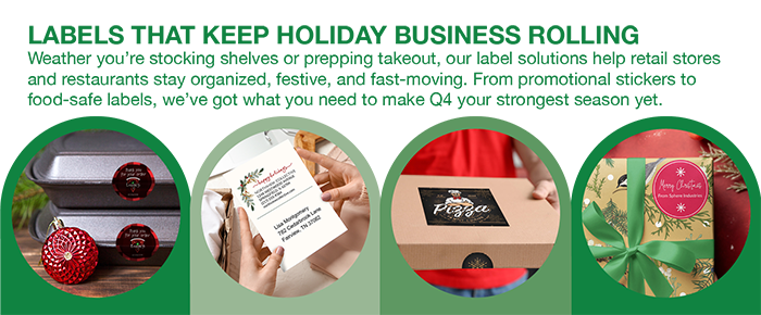 Festive Label Works banner with holiday stickers