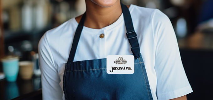 Specialty name badges collection featuring snap-on, sublimated, erasable, wood and acrylic badge styles