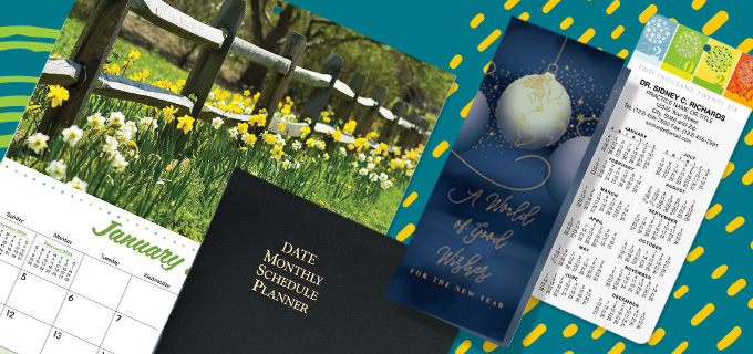 Assorted promotional calendar products including a wall calendar, pocket planner, holiday card, and magnetic calendar with custom branding options