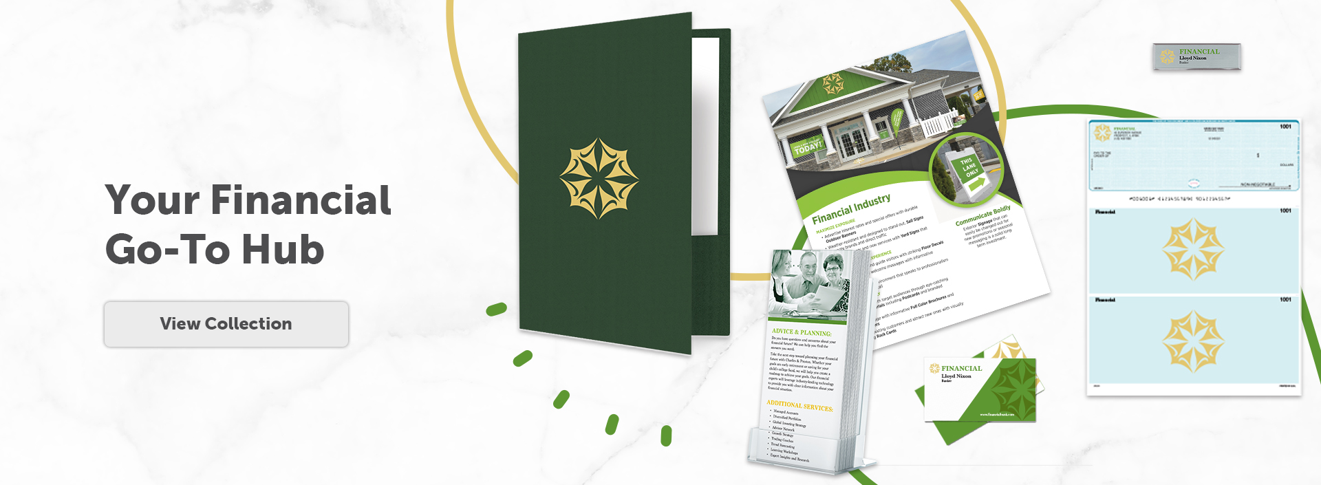 financial assets in a collage, folder, checks, business cards, name plate, flyers