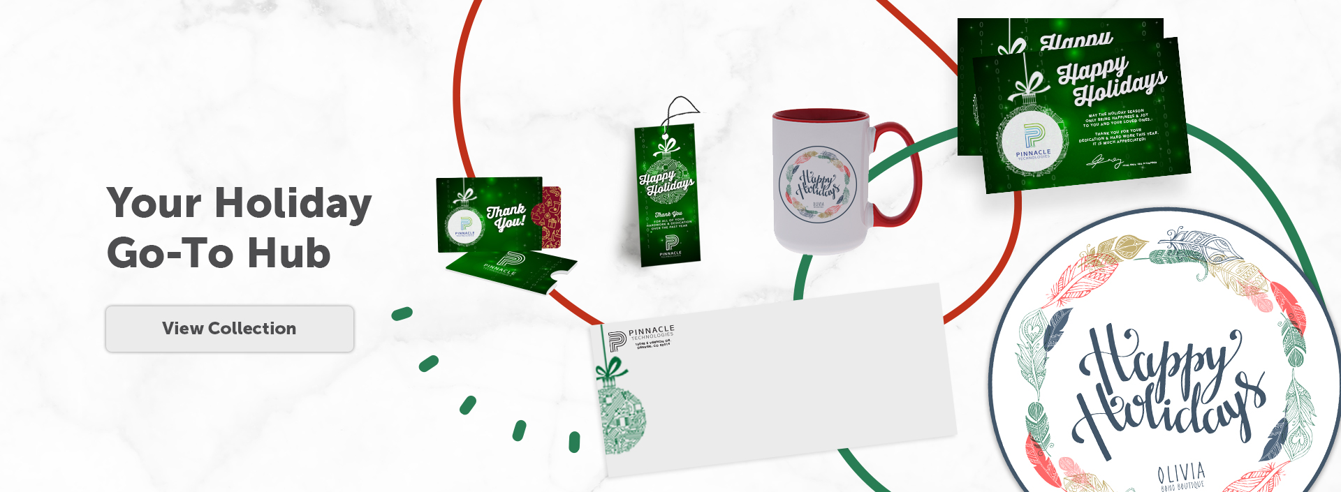 Custom printed holiday envelopes, decals, and promo products displayed on a festive background.