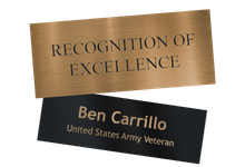 Custom engraved metal and Flexibrass plates for nameplates, office signage, equipment identification, and recognition displays