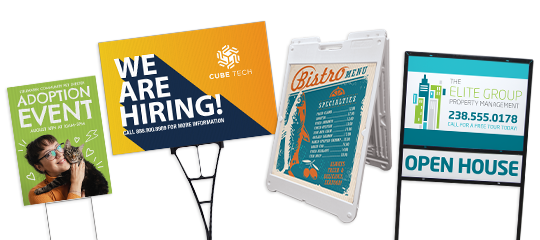 A lineup of outdoor and sidewalk sign products, including a yard sign on a wire stake, an A‑frame sidewalk sign, and a metal open house sign frame, each displaying different promotional messages.