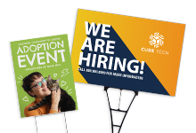 Custom outdoor yard sign printed in full color, featuring a recruitment message and metal wire stake