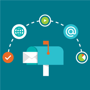a personalized printed direct mail envelope in a mailbox surrounded with icons representing statistics
